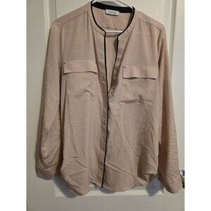 Calvin Klein blouse is a pale pink top with mandarin collar and black piping L
